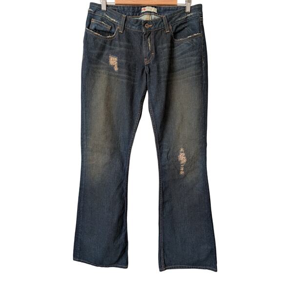 BKE Buckle Denim Jeans Low Rise 31x35.5 Tall Dark Wash Flared Y2K Distressed - Picture 1 of 10